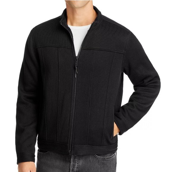 John Varvatos Men's Ben Zip Front Texture Knit Trucker Jacket Fleece Lined Black - Picture 5 of 6